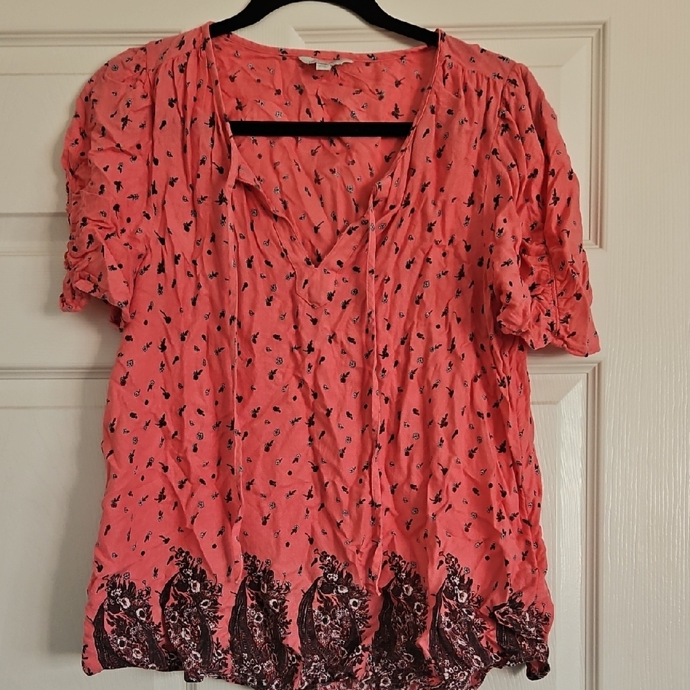 Lucky Brand Coral and Black Patterned Blouse